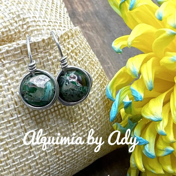 Green turquoise silver drops bubbles dangle statement earrings - Picture 1 of 6